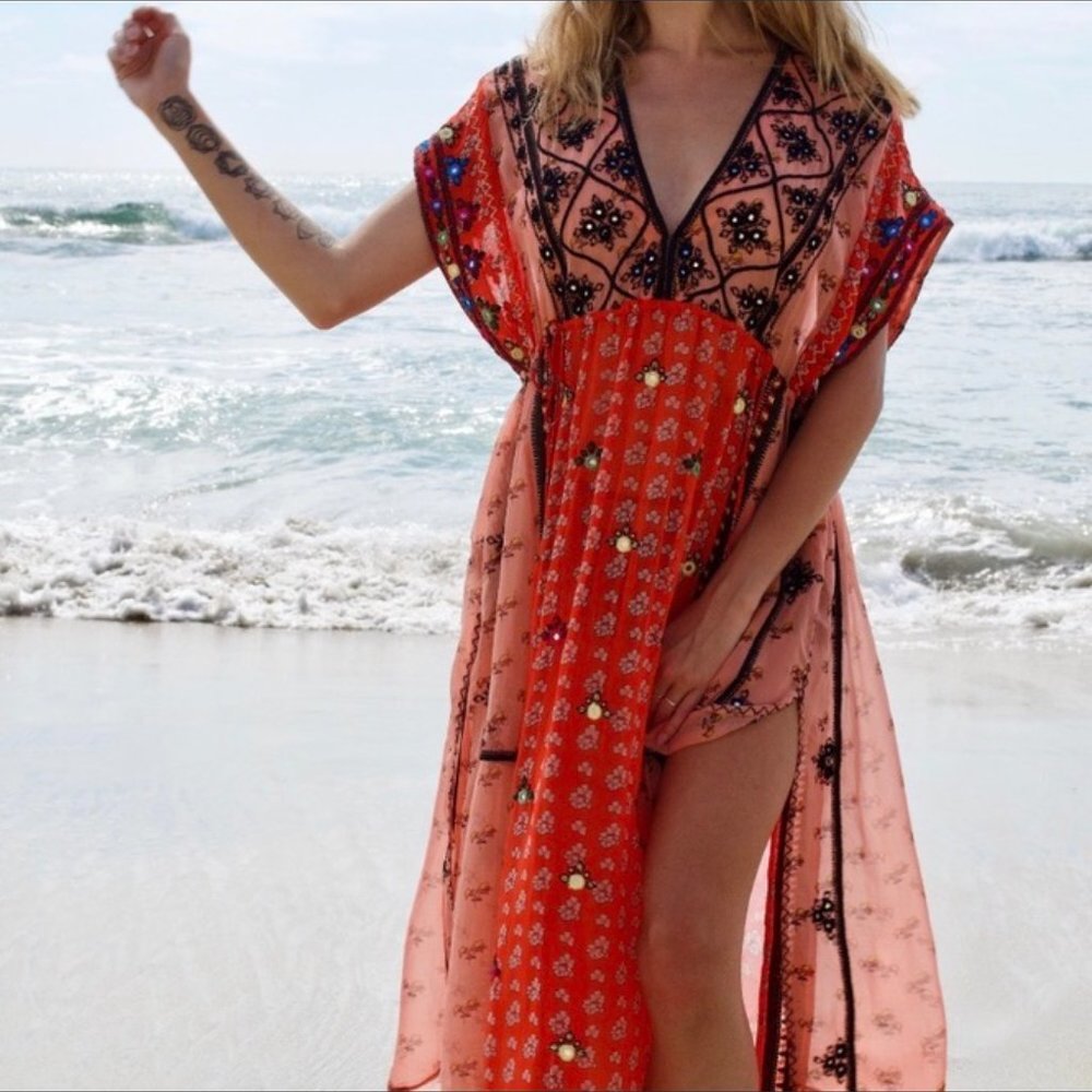 Free People Coral & Red Embroidered Boho Maxi Coverup